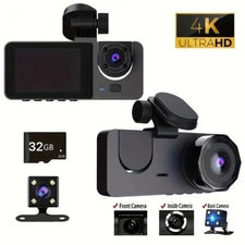 4K Dash Cam Front and Rear and Inside Dash 3-Camera Free 32GB TF Card G-Sensor