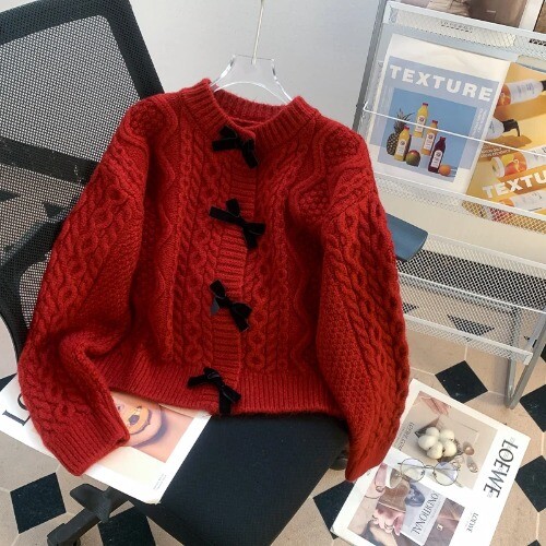 Bow Tie Sweater Loose Lazy Round Neck Knitted Cardigan 2024Vintage Women's Coat - Bild 9 von 28