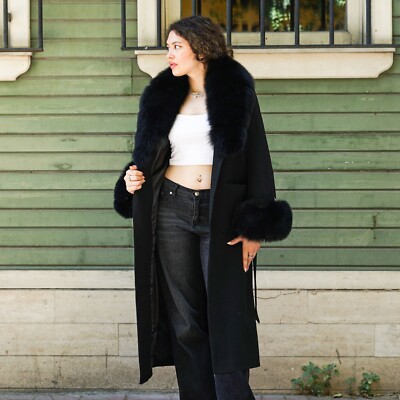 Luxury Black Cashmere Coat with Real Fox Fur Collar for Women