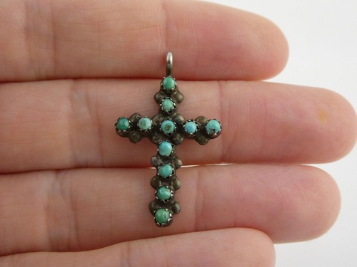 Vintage Southwestern Sterling Silver Petit Point Turquoise Cross Pendant 2.2g