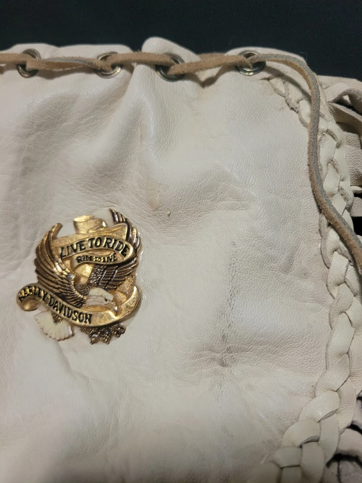 Rara Bolsa Balde Pequena Vintage Harley Davidson Cor Creme Franja com Contas - Imagem 3 de 4