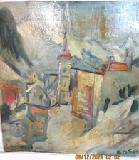 PAINTING OF A CITY ABSTRACT ART~ SIGNED RIGHT CORNER, UNFRAMED~13" X 12 3/4"