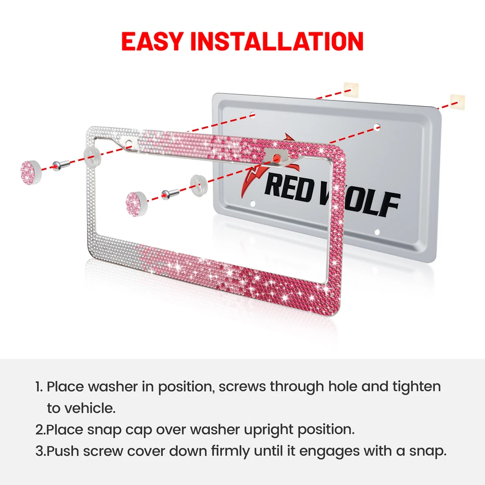 2x Bling Marco de matrícula de coche Cristal Estrás Etiqueta Cubierta Gradiente Rosa Dama Foto 4 de 4