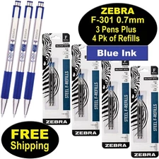 Zebra F-301 Retractable Pens With F Refills, Blue Ink, 0.7mm Fine Point