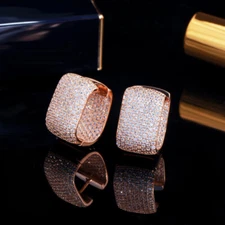 Yellow Gold Plated Cubic Zirconia Rectangle Hoop Earrings Women Dancing Party