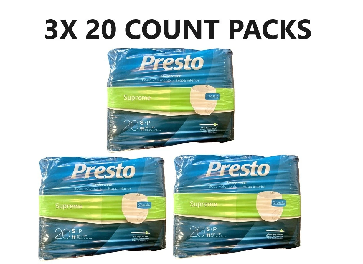 LOT DE 3   Sous vêtements PRESTO Supreme Classic   Taille : S 20 Pack 25” 32”
