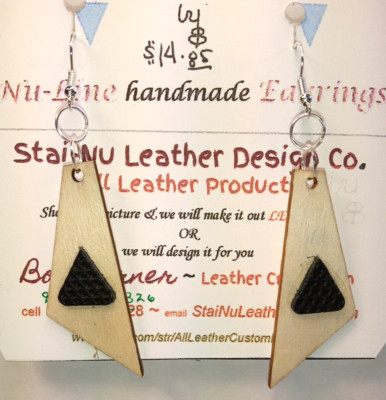 Earrings ~ Nu-Line LEATHER on Wood -Off-set TRIANGLE