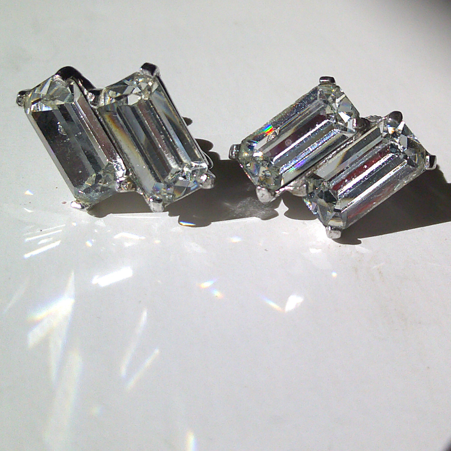 Vintage Sterling silver 2 rectangular clear cryst… - image 1