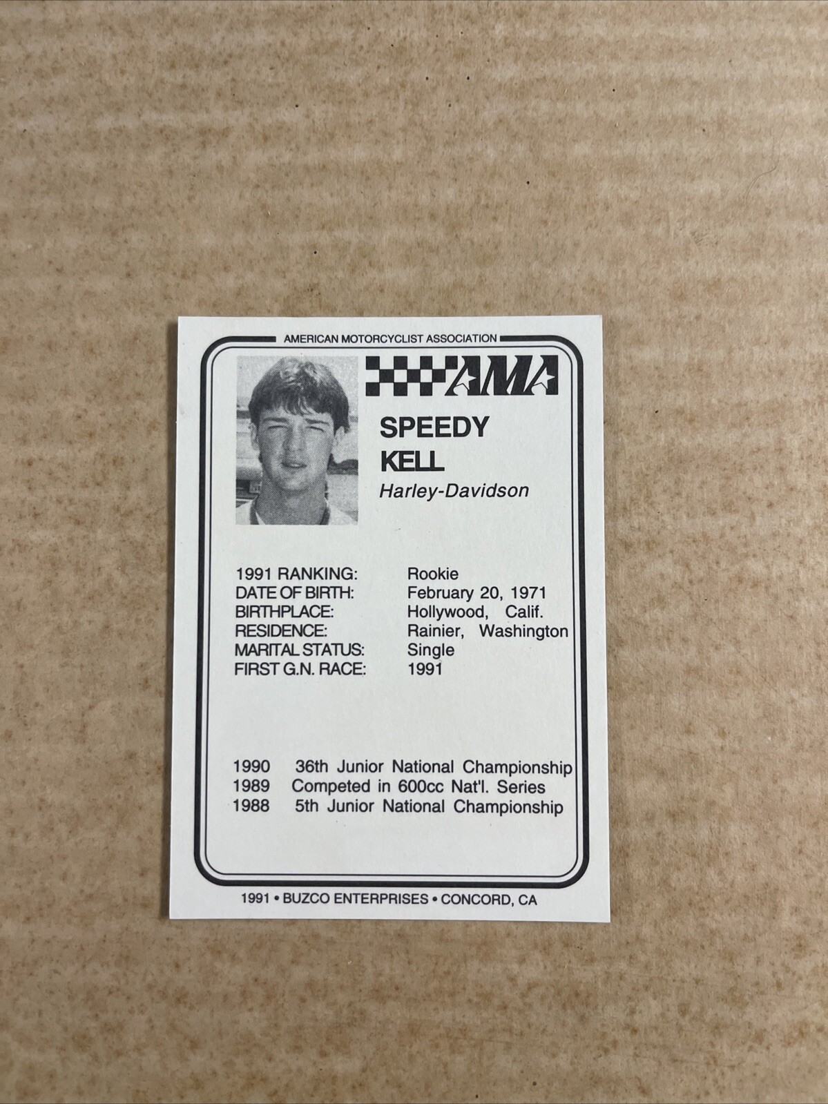 1991 AMA Speedy Kell Buzco Trak-Pak Flat Track Motorcycle Racing Card