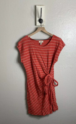 Ann Taylor Loft Red Orange Striped Midi Side Tie Bow Dress Size Medium |  eBay