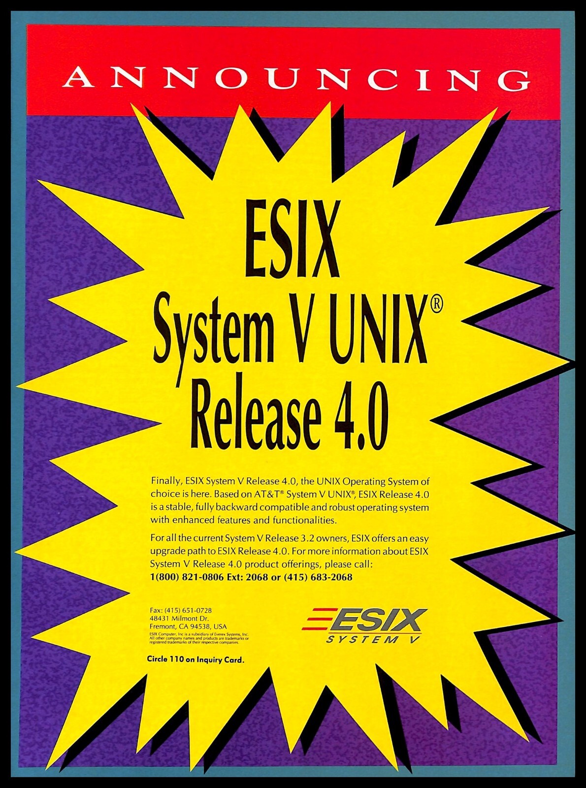 Unix Computers Price 1991 Esix System V Unix Release 4.0 Operating System PRINT AD Retro ...