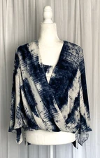 Karen Kane Women's Petite Sz LP Blue White Faux Wrap Bat Wing Blouse New $118