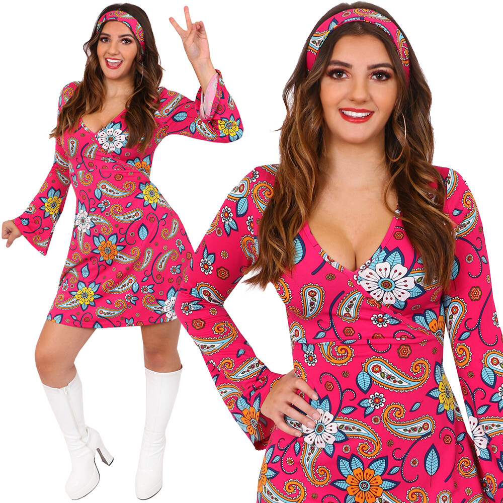 LADIES 1960S 1970S HIPPY FANCY DRESS COSTUME HIPPY WOMENS OUTFIT FLOWER  POWER