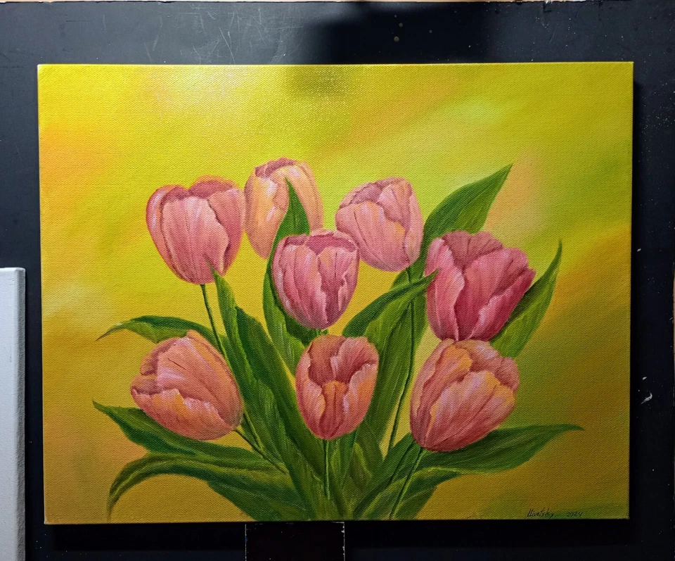 Pintura al óleo original Art 14"/18", lienzo estirado de flores Foto 2 de 4