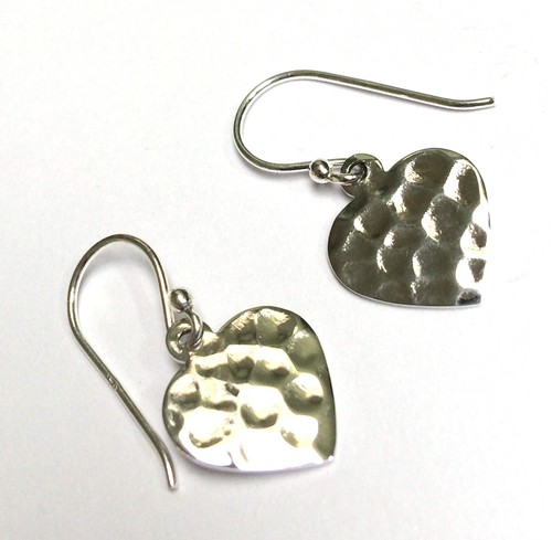 925 Sterling Silver Hammered Flat Heart Drop Earrings 12mm Wide - Picture 6 of 8