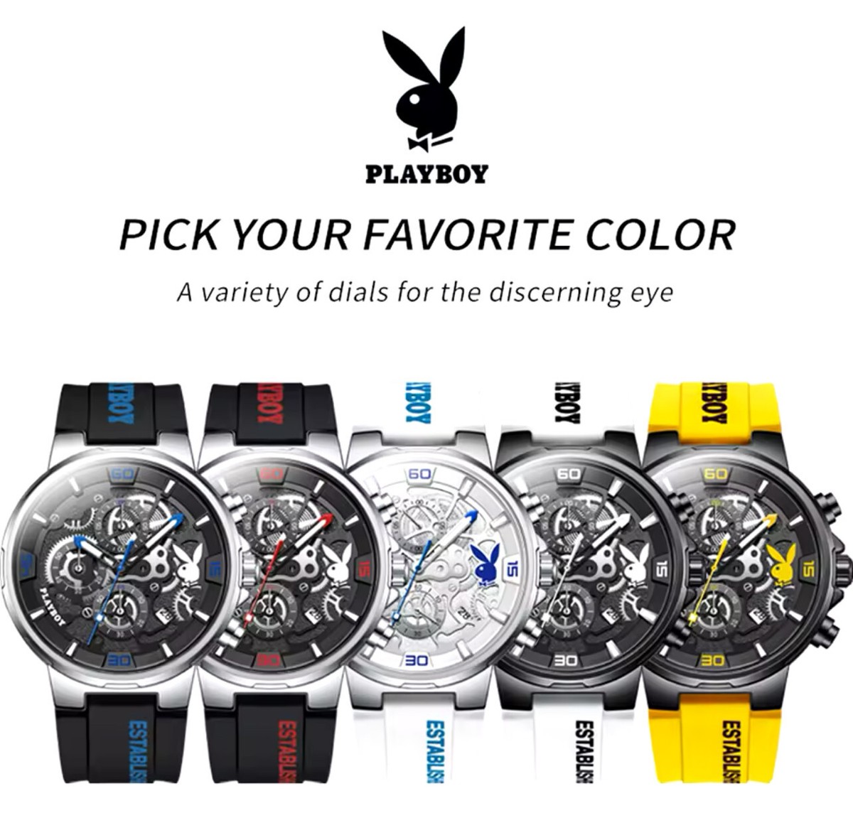 PLAYBOY Luxury Original Watch for Men Silicone Strap Fashion