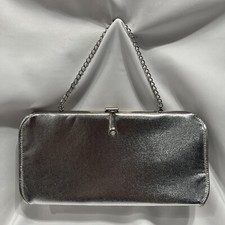 Vintage Convertible Metallic Silver Clutch Faux Pearl Clasp, Silver Chain Strap