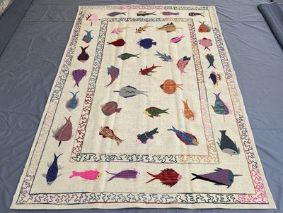 Unique 6x8 ft Afghan Suzani Kilim Rug -Pictorial FISH Design Handwoven Flatweave