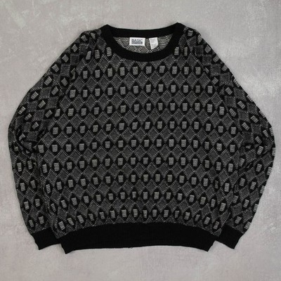 Vintage 90s Patterned Knitted Jumper 3XL Acrylic Men's Charcoal Grey Grandad