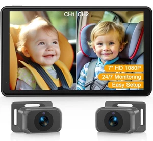 THYBRO 7” Baby Car Camera for 2 Kids -Split-Screen Monitor,Dual HD 1080P Black