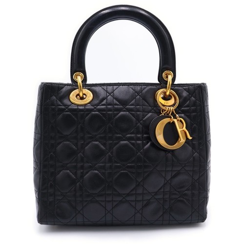 Christian Dior Lady Medium Quilted Bag Handbag Black Leather Gold Hardware Used
