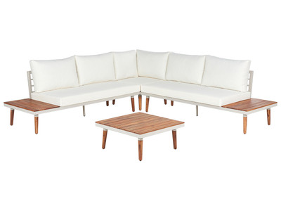 5-Sitzer Lounge Set 4-teilig Akazienholz hellbraun Auflagen creme weiß Corato