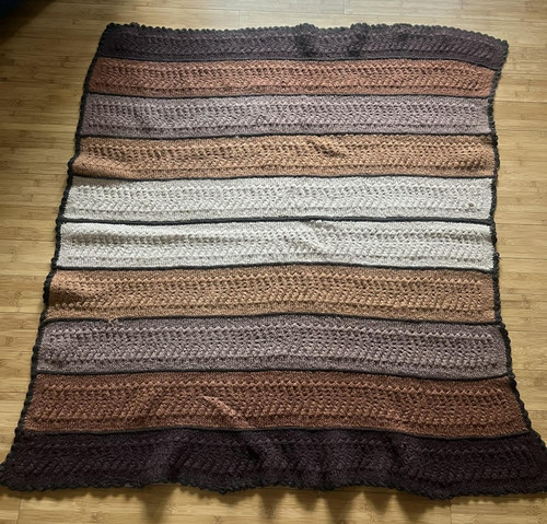 Handmade Knit Throw Blanket Afghan 47x52 Lap Quilt Striped Neutral Brown Beig