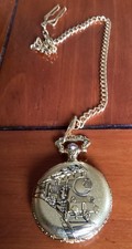 Pocket Watch Full Hunter With Chain Steam Train Needs Battery Excellent Cond