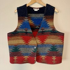 Vtg Men Women Large Western Vest Blanket Tribal Aztec Boho Artsy Wool Cowboy USA