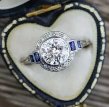 2.Ct Round Lab-Created Diamond Art Deco Style Sapphire Accent Ring in 925 Silver