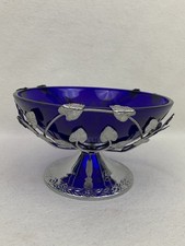 Vintage Cobalt Blue Glass Bon Bon Dish / Trinket Bowl in Fancy Leaf Basket