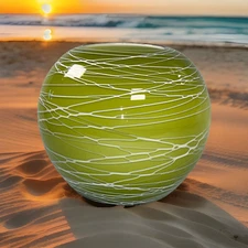 Contemporary Hand Blown Vase Art Cased Glass Green White Swirls Globe Orb 7”