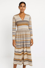Striped Metallic Gold Blue Taupe Long Sleeve V Neck Maxi Dress Boho Medium