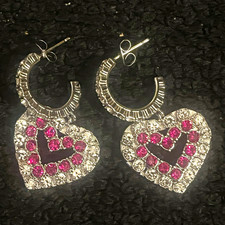 CELINE Paris Signed Silver Tone Pink Crystal Heart Hoop Dangle Earrings