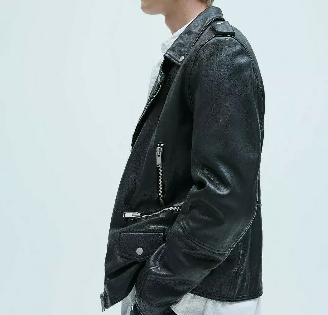 ZARA NEW MAN FW collection BLACK 100% LEATHER JACKET ZIPS M 5388