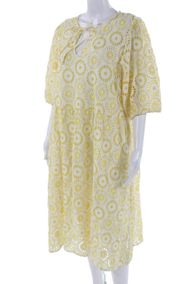 Barbour Women A-Line Sundress Yellow And White Floral Midi 3/4 Sleeve Tie Size 1 - Image 2 of 4