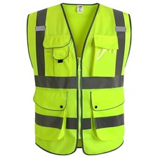 9 Pockets Class 2 High Visibility Zipper Front Safety Vest With Large Yellow