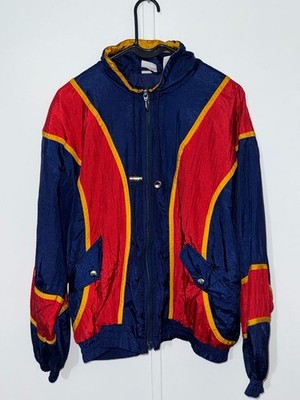 Vintage Athletic Works Colorblock Nylon Windbreaker Jacket Navy Blue Red Yellow
