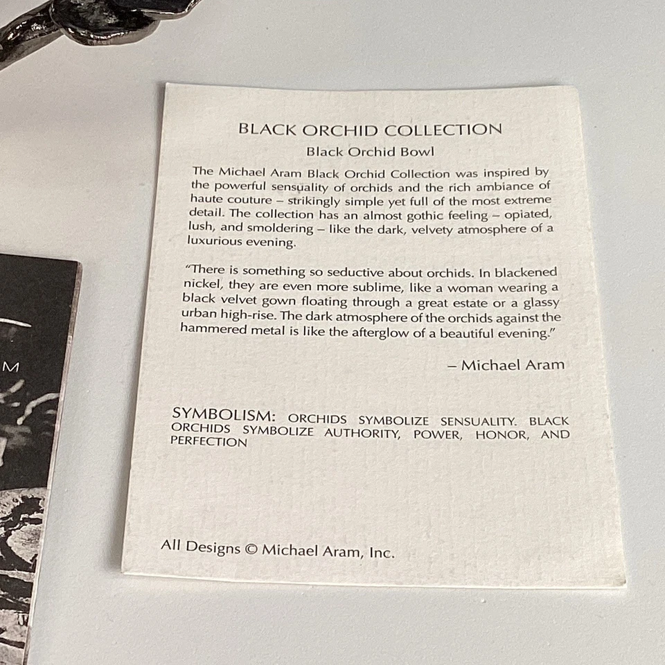 Tazón de plato de tuerca de orquídea negra de acero inoxidable hecho a mano Michael Aram firmado Foto 3 de 4