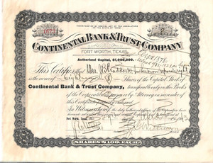 TEXAS 1913 JB Craddock Continental Bank & Trust Co. FtWorth StockCertificate 311