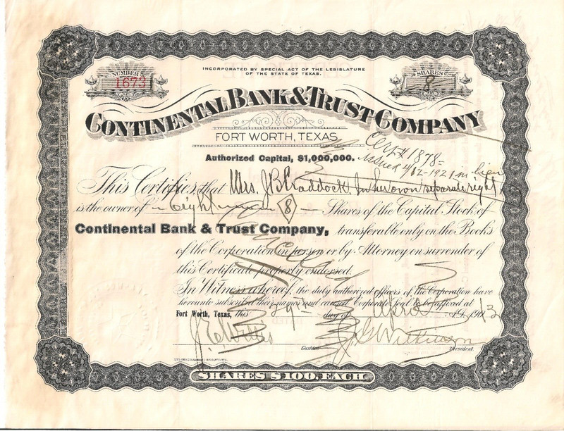 TEXAS 1913 JB Craddock Continental Bank & Trust Co. FtWorth StockCertificate 311
