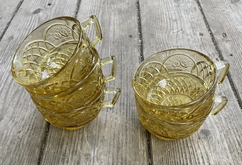 Set Of 5 Vintage Depression Glass Amber Yellow Rosemary Tea / Coffee Cups