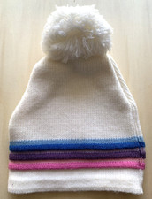 Vintage Wigwam Ski Hat Beanie Pom Pom Pink Blue Purple Stripe White USA