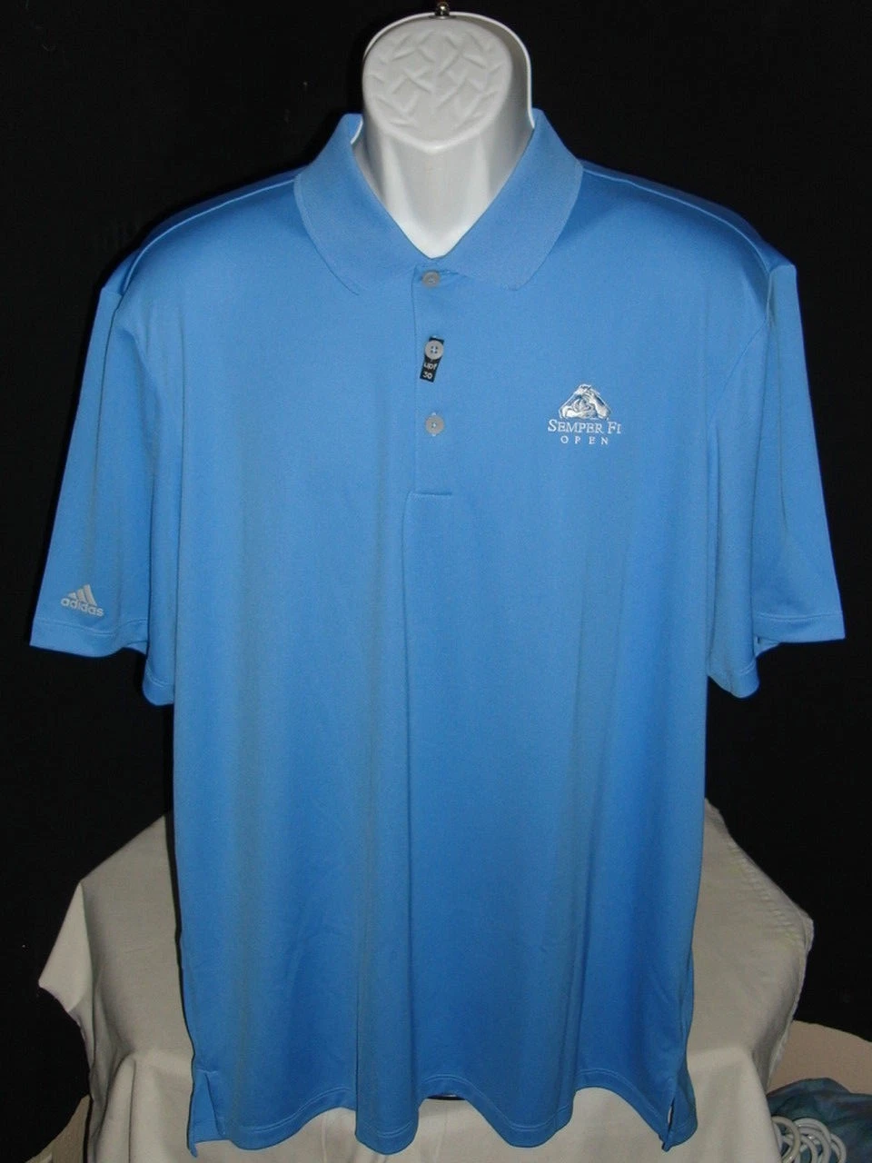 NWT ADIDAS ADIPERFORM SOLID BLUE 100% POLY S/S POLO SHIRT XL SEMPER FI OPEN LOGO