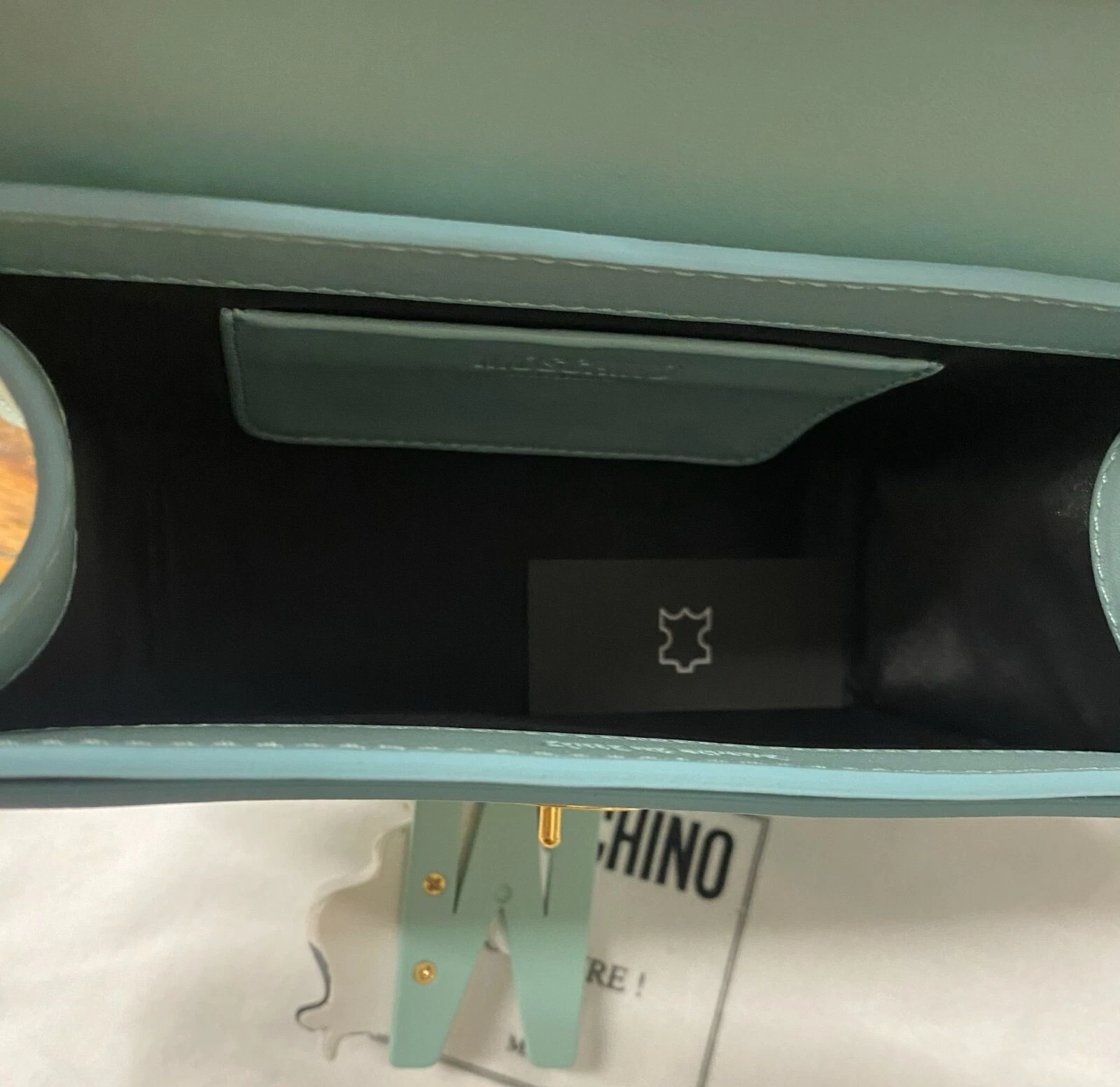 Borsa a tracolla SS22 MOSCHINO Couture Jeremy Scott Calico turchese mucca pecora patch