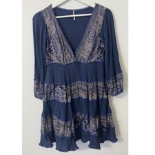 Free People Mini Dress Womens XS Navy Blue Paisley Boho Pom Pom Tiered Gypsy
