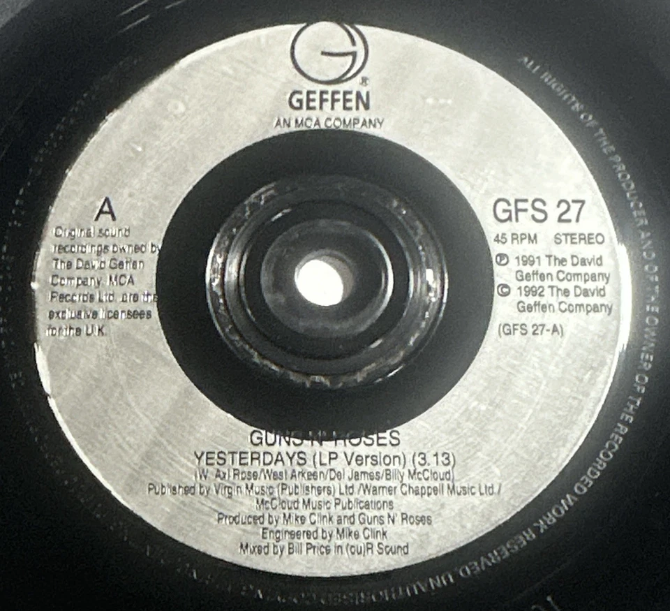 Guns N' Roses – Yesterdays 1992 7” Vinyl Record Geffen Records EX / EX - Image 4 of 4