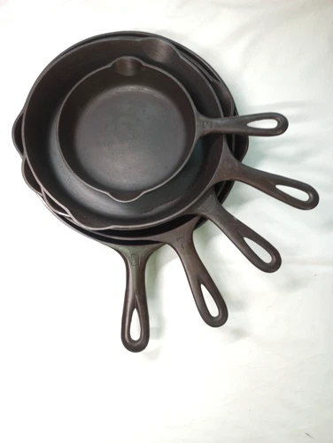 GRISWOLD FIVE SMALL LOGO SKILLETS #3 #5 #6 #7 #8 CLEANED AND SEASONED