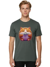 Happy-Cat-With-Fish Mens Graphic Tee, 100% Cotton, Casual Summer Wear