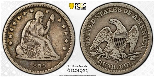 1859 O Seated Liberty Quarter   PCGS VF 20   Sharp & Appealing Better Date
